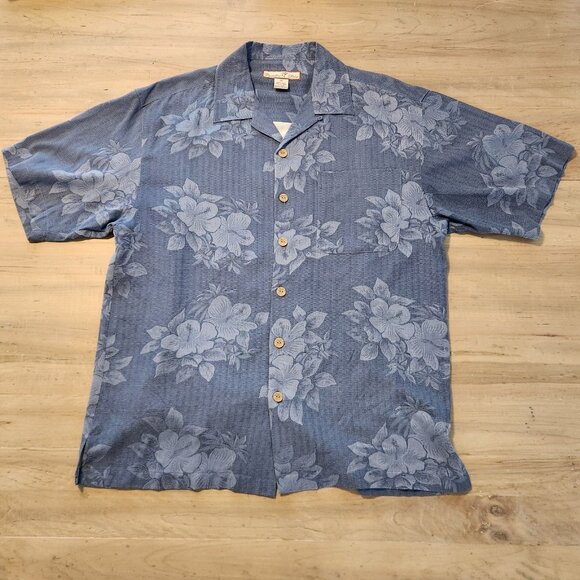 Paradise Blue Hawaiian Shirt 100% Silk Floral Beach Blue Button Up Mens Medium - Picture 2 of 11